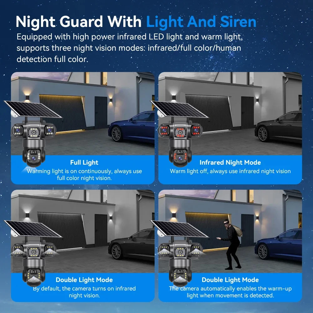 كاميرا IP تعمل بالطاقة الشمسية بثلاث عدسات 4G خارجية 6K 12MP ثلاث كاميرات PTZ مع لوحة طاقة شمسية ملونة للرؤية الليلية للمراقبة المنزلية