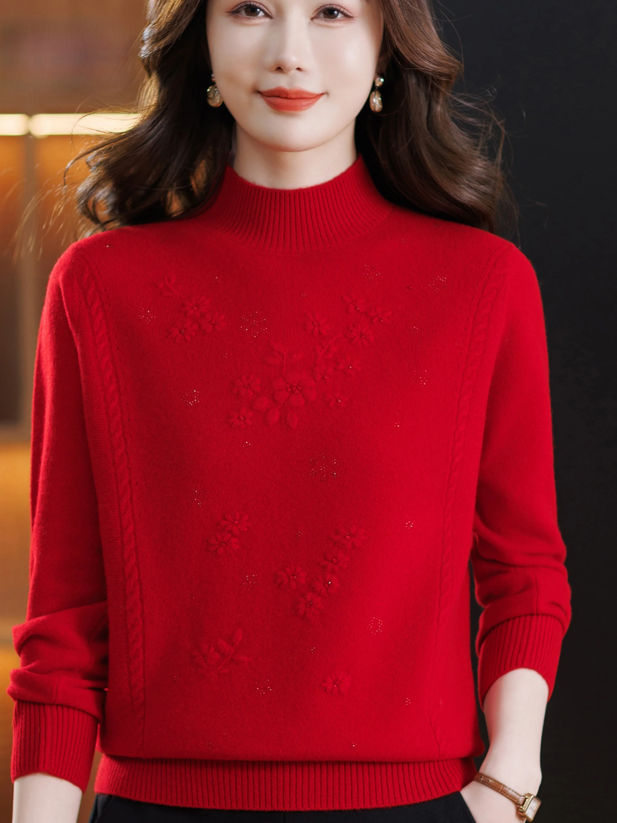 

Осенне-зимний шерстяной свитер Thiened, женский теплый топ с высоким воротником и лунным новогодним воротником для мамы среднего возраста