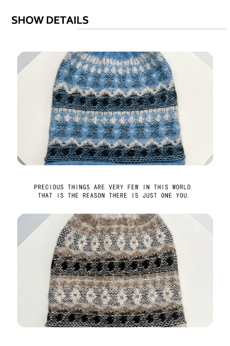 Neue Herren- und Damenmützen im Fair-Isle-Stil, Retro-gestreift, gestrickt, warm, lässig, modisch, lockere Beanies, vielseitig für den Außenbereich, persönlicher Nischenstil. – Detail 3