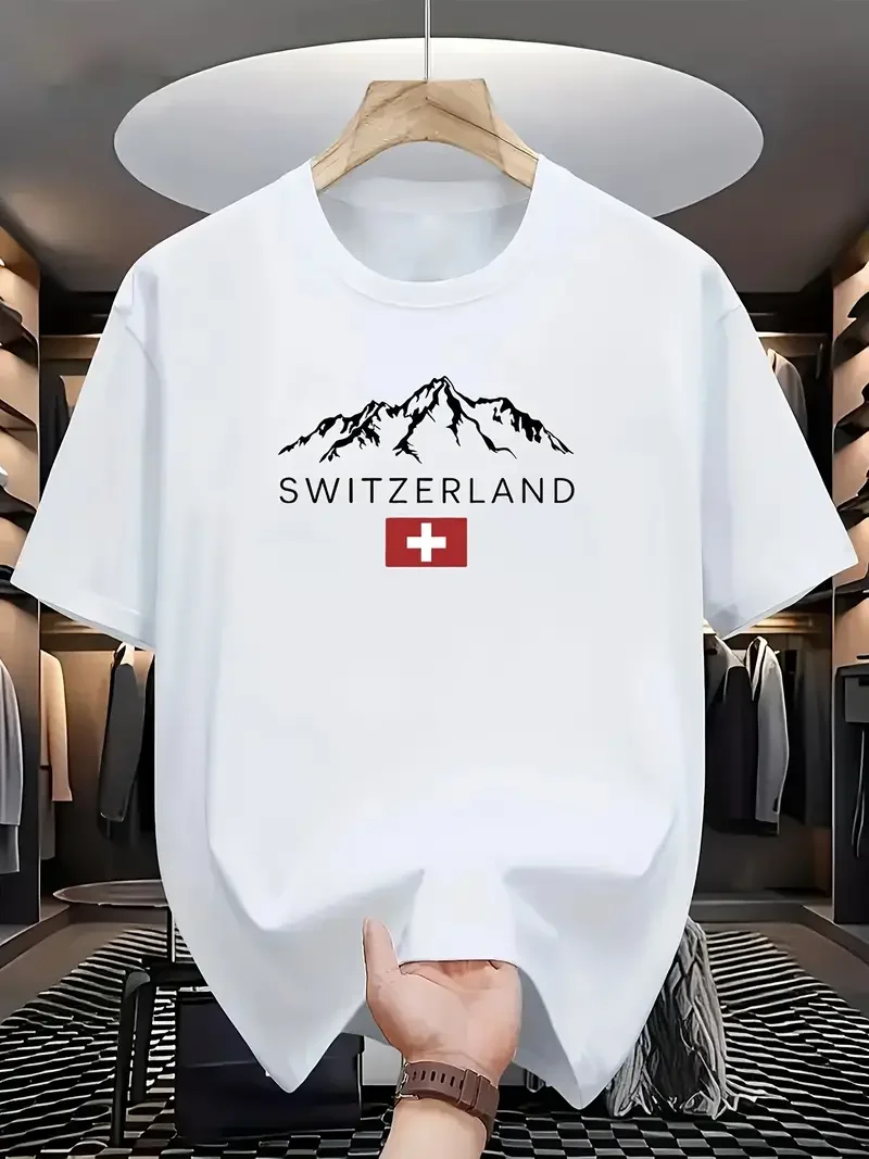 

Men's T-Shirts 100% Cotton Graphic With S-SWITZERLAND Mountain Print Casual Summer Short Sleeve Shirt New In Tops Streetwear Y2K