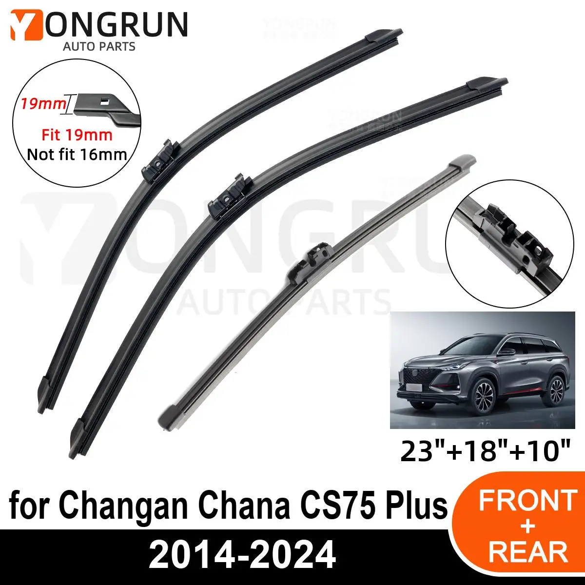 3PCS Car Wiper for Changan Chana CS75 Plus 2014-2024 Front Rear Windshield