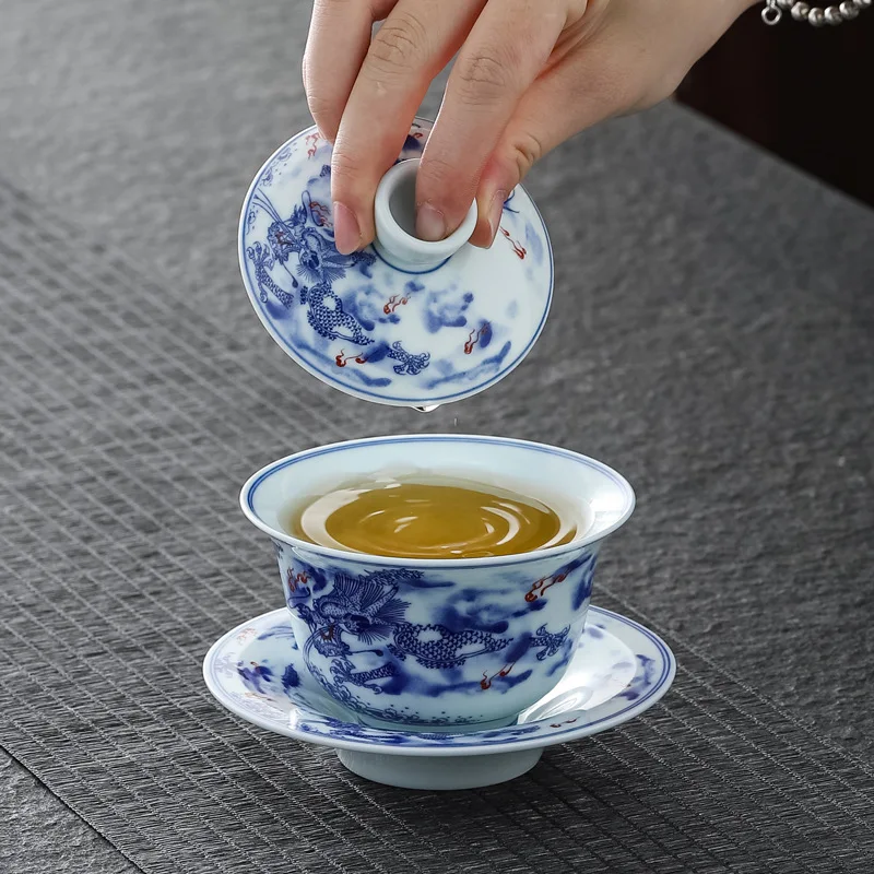 Chinese Retro Sancai Gaiwan Blue and White Tea Tureen Ceramic Teaware Tea Cup Set Handmade Porcelain Gongfu Tea Bowl Cups