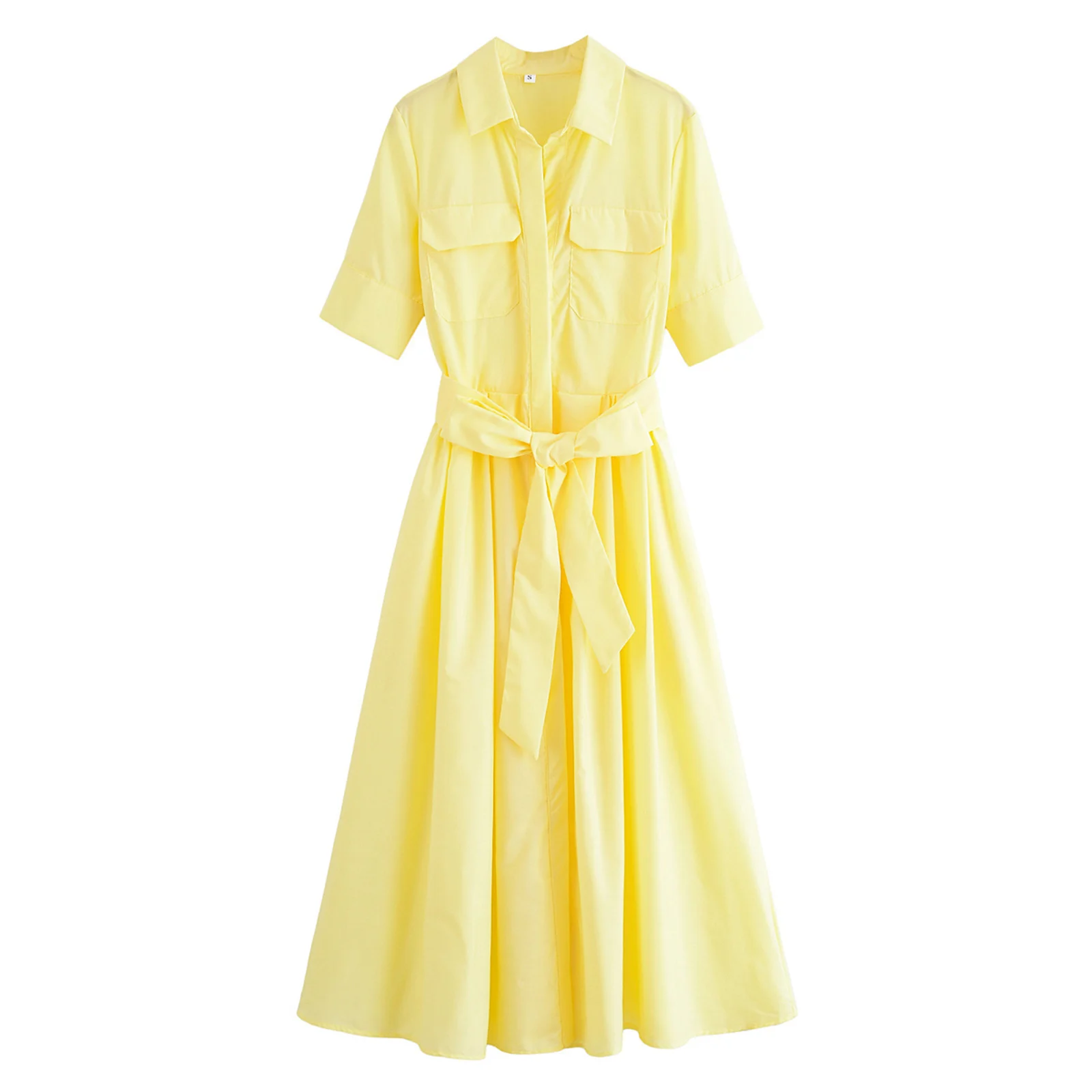 HH Vrouwen Zomer Revers Korte Mouw Pocket Single-Breasted Riem Versieren Midi Jurk Vrouwelijke Mode Shirt Stijl Geplooide Jurk