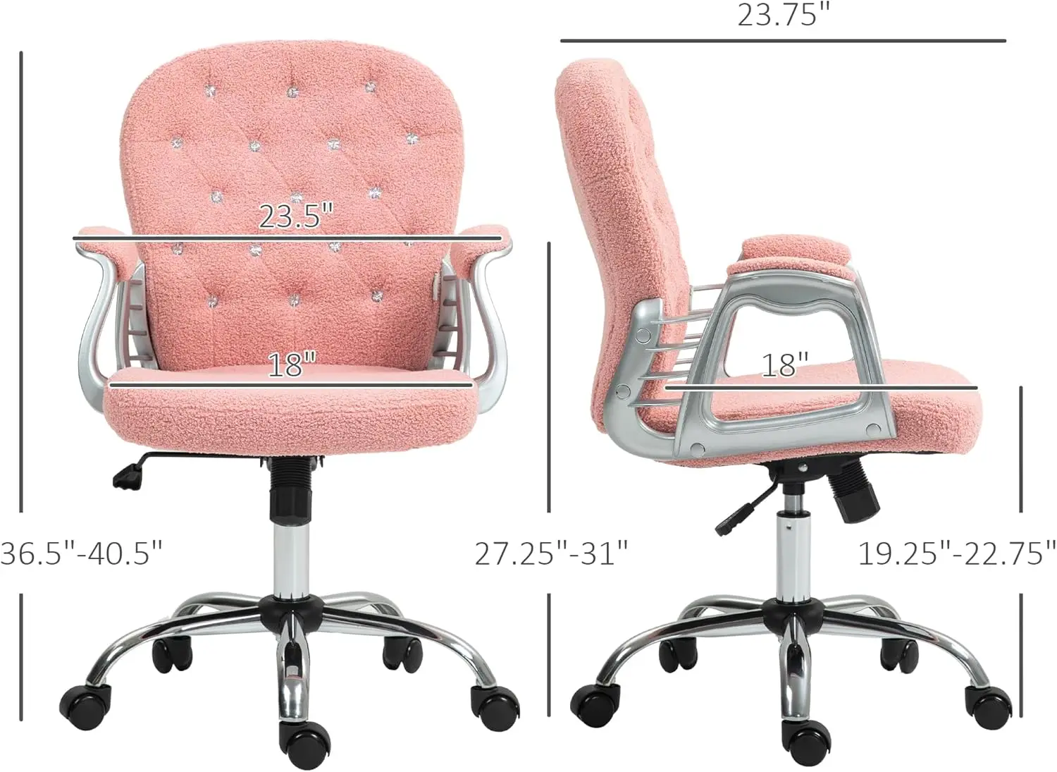 Teddy Fleece Home Office Chair, Button Tufted Desk Chair with Padded Armrests, Adjustable Height and Swivel Wheels, Pink