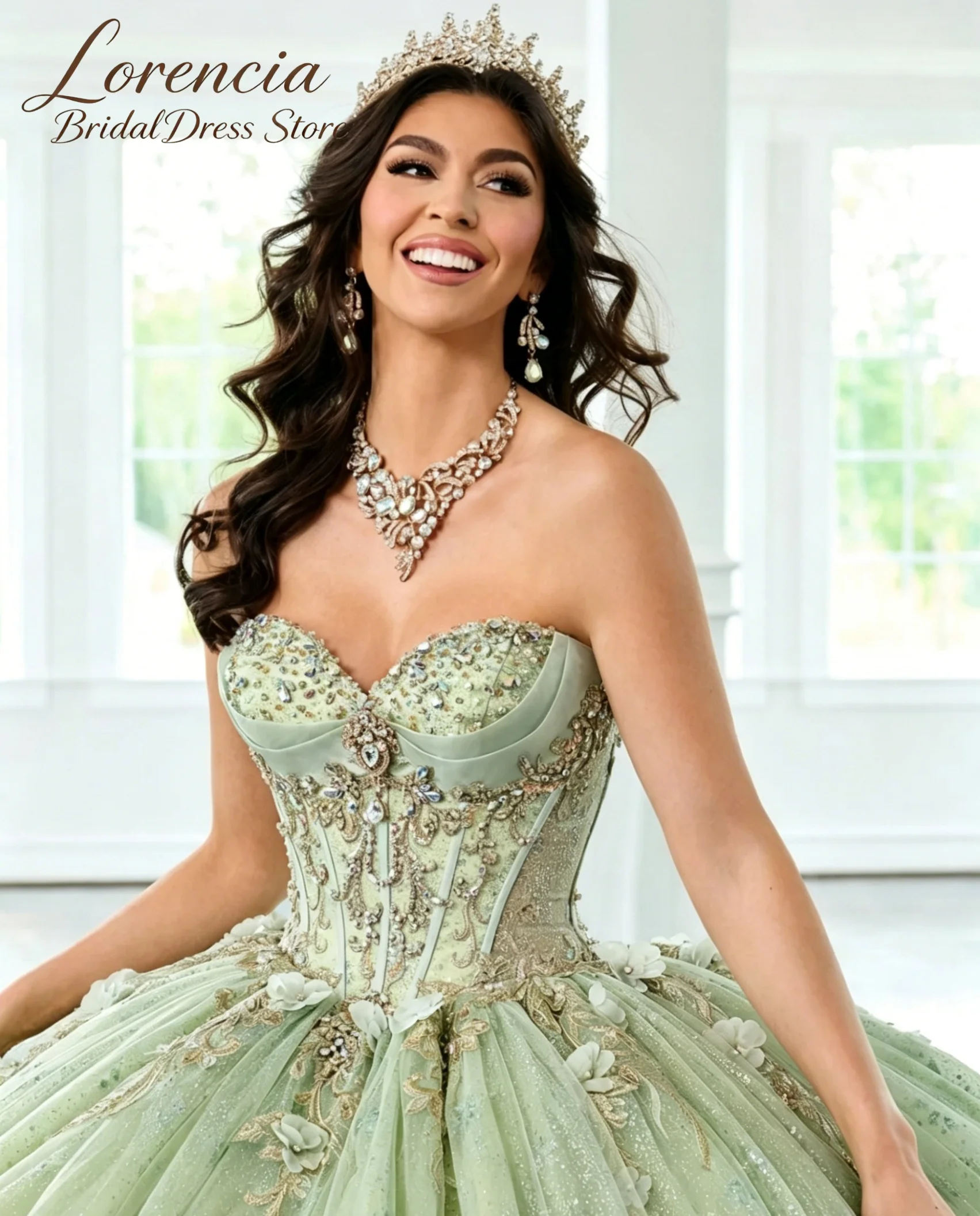 Customized Elegant Quinceanera Dress 3D Floral Gold Lace Glitter Tulle Sweet 16 Princess Ball Gown Vestidos de 15 Anos Appliques