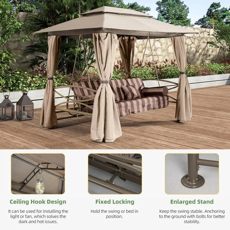 

3-Person Patio Swing with Canopy, Gazebo Curtains & Netting for Outdoor Use, Comfortable Seating for Adults