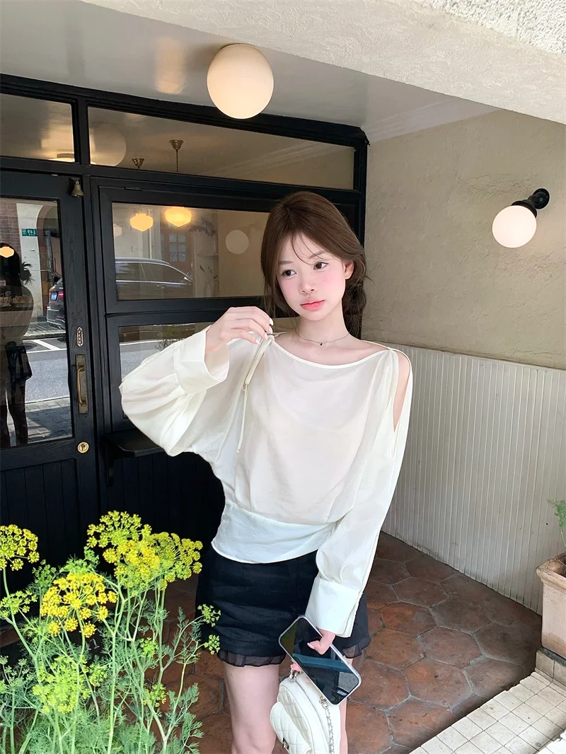 

Kumikumi Design Pure Color Shoulder Bared Long Sleeve Shirt Women's Summer Slimming Stylish Top Korean Style Commute Fashion