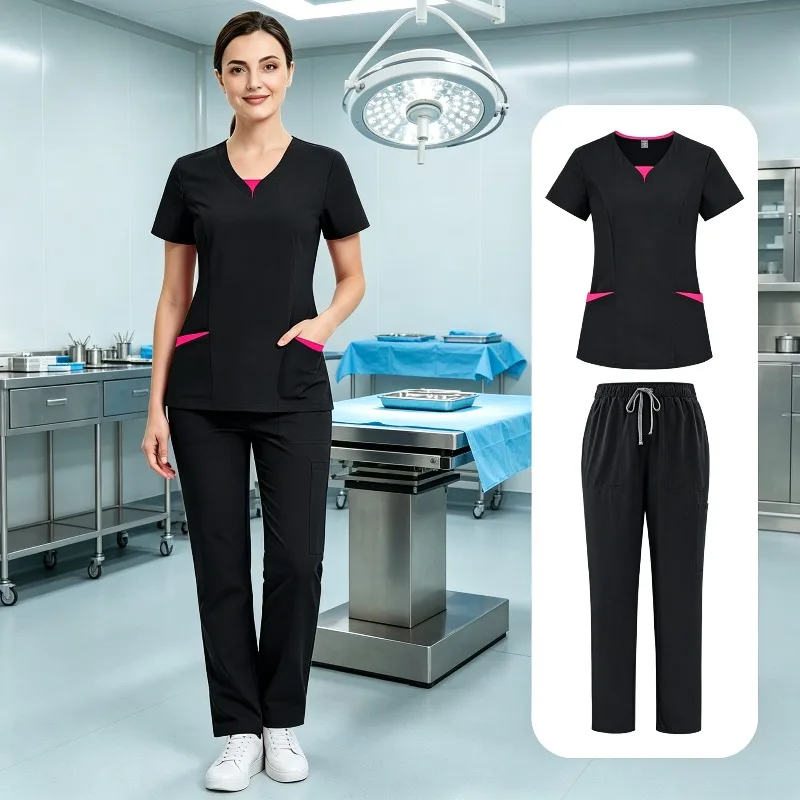 Woman Short Sleeve V Neck 2Pcs Suit Equipped with Pockets Comfort Workwear for Clinic Hospital and Operating Room Daily Use