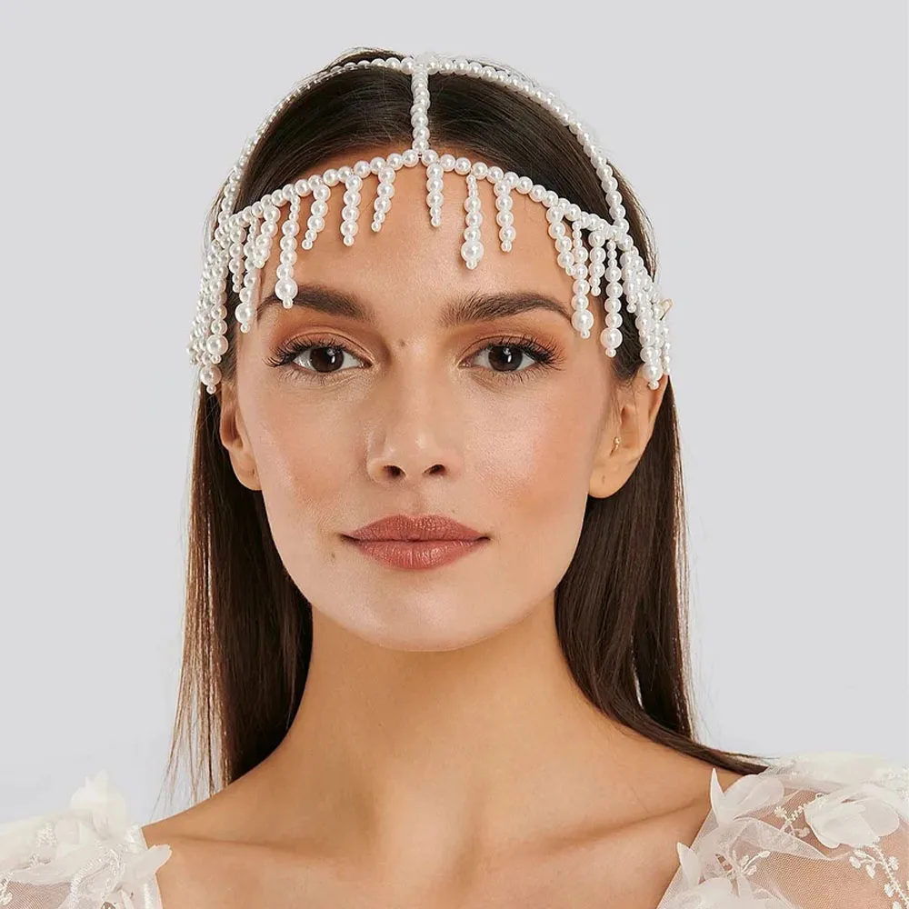 Stonefans Pearl Fringe Headpiece Crystal Cap Head Chain Roaring 20s Great Gatsby Tassel Hair Accessories for Art Deco Part Gifts