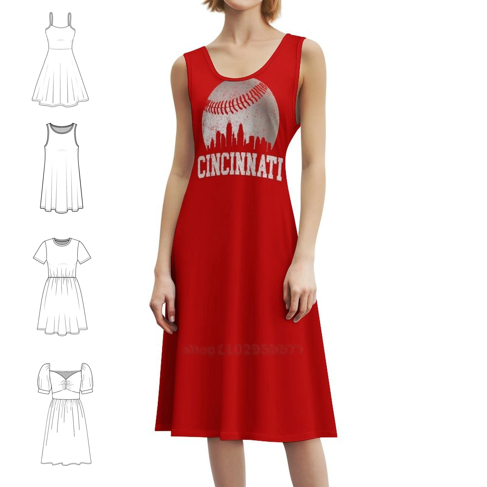 

Винтажное бейсбольное платье Cincinnati Skyline в стиле ретро красного цвета, богемное платье без рукавов для женщин, пляжные вечерние платья с принтом Cincinnati