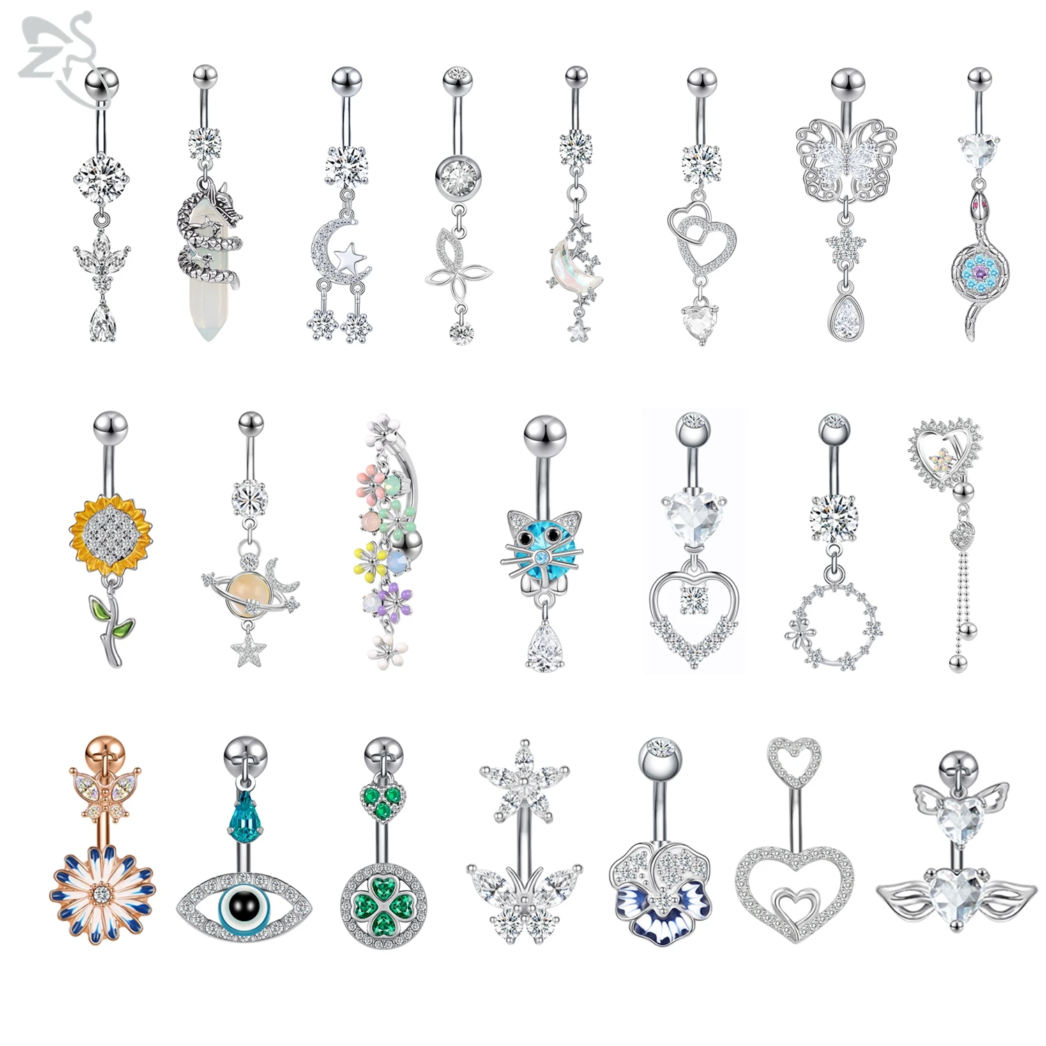 AOEDEJ 1 PC Stainless Steel Belly Button Rings Silver Color CZ Crystal Pendant Bellys Piercing Women Sunflower Navel Piercings