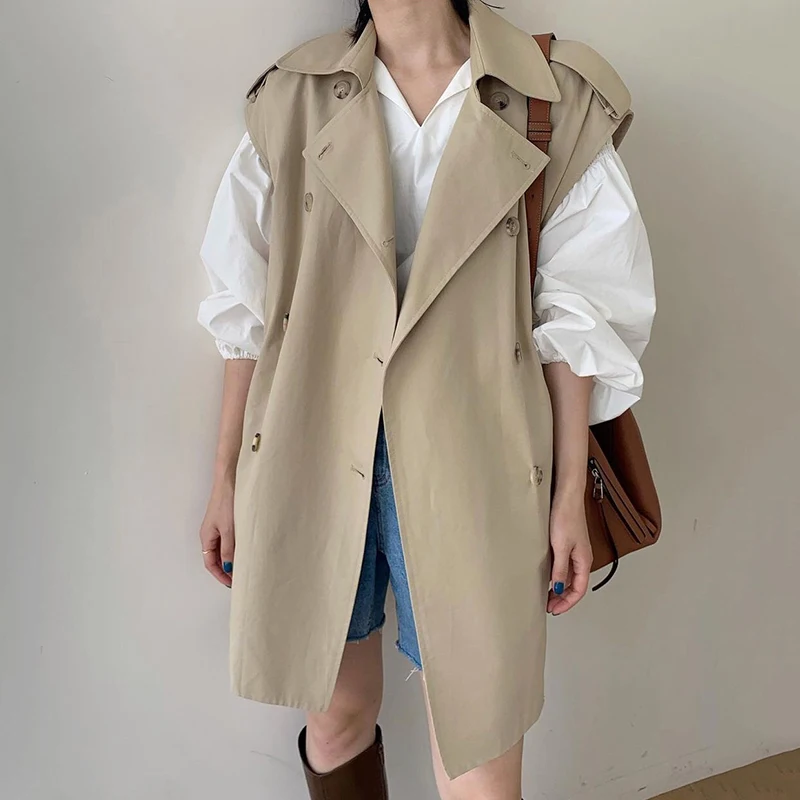 

Simple Loose Ladies Coats Lapel Loose Sleeveless Vest Jacket Women Outerwear Korea Khaki Overcoats 2024 Spring Autumn New