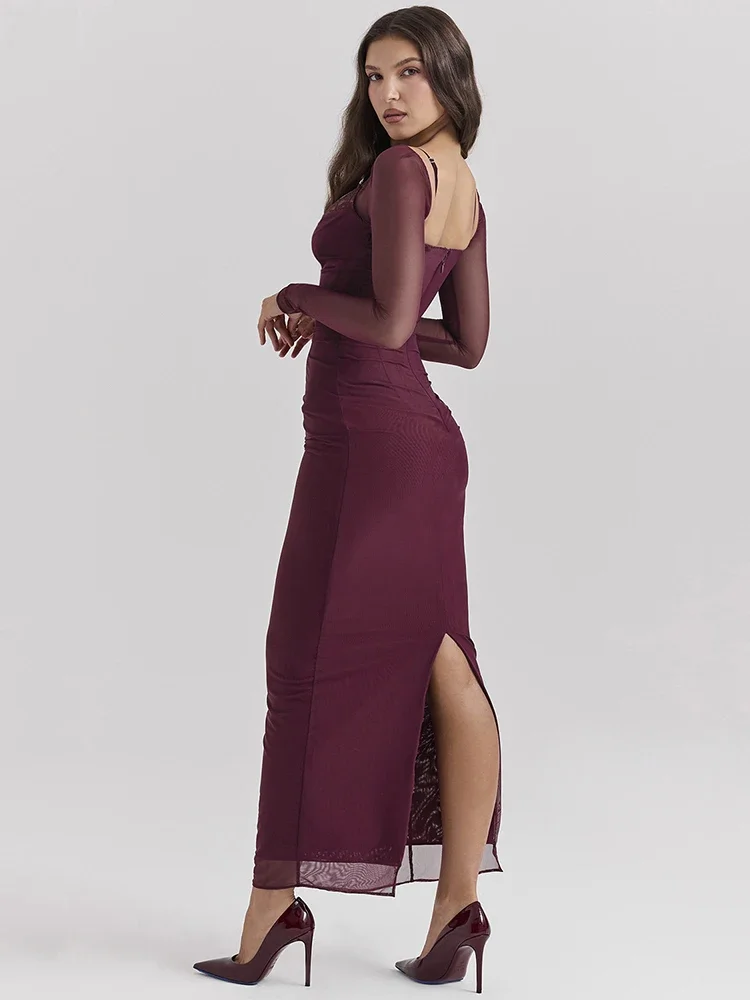 2025 Elegant Sheerแขนยาวเซ็กซี่Maxiชุดผู้หญิงแฟชั่นตาข่ายBackless Club Partyชุดยาวเซ็กซี่