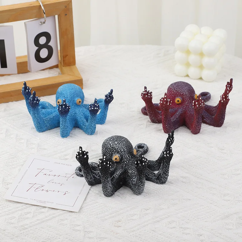 Resin Vertical Middle Finger Octopus Octopus Crafts Simulation Sculpture Luminous Octopus 3D Ornaments