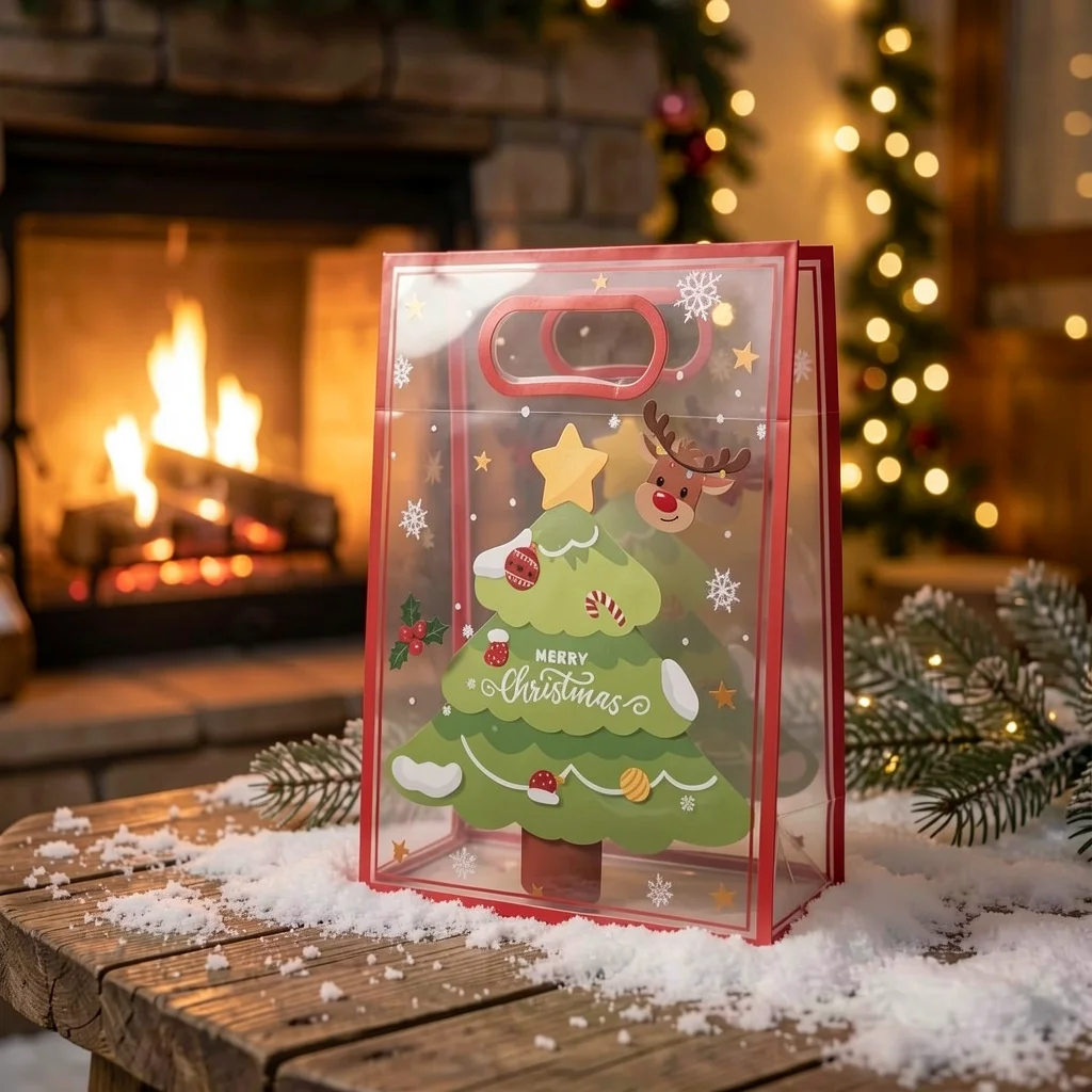 Christmas Dessert Bag Printed Pp Plastic Handle Bag Christmas Gift Shopping Bag Cute For Small Personal Item Storage Apples