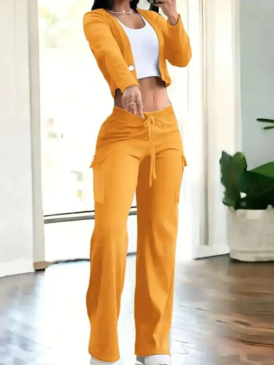 

2 Piece Set Womens Orange Crop Top And Cargo Pants With Drawstring Waist Casual Y2K Style