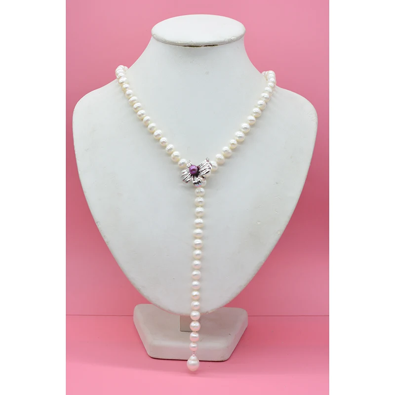 

8MM Fashion Natural Freshwater white Long Pearl Necklace For Women Beautiful Bohemian stye adjustable pearl Sweater chain