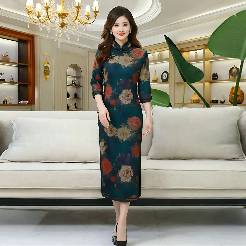 

Women Thick Qipao Dresses Mandarin Collar Both Side Splite Design One Piece Robe Green Red Retro Cheongsam Old Money Style Wear