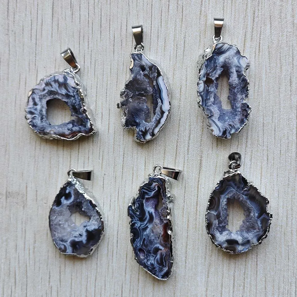 Natural Agates silver plated edged Slice open geode Irregular pendants for necklaces jewelry making Wholesale 6pcs free shipping