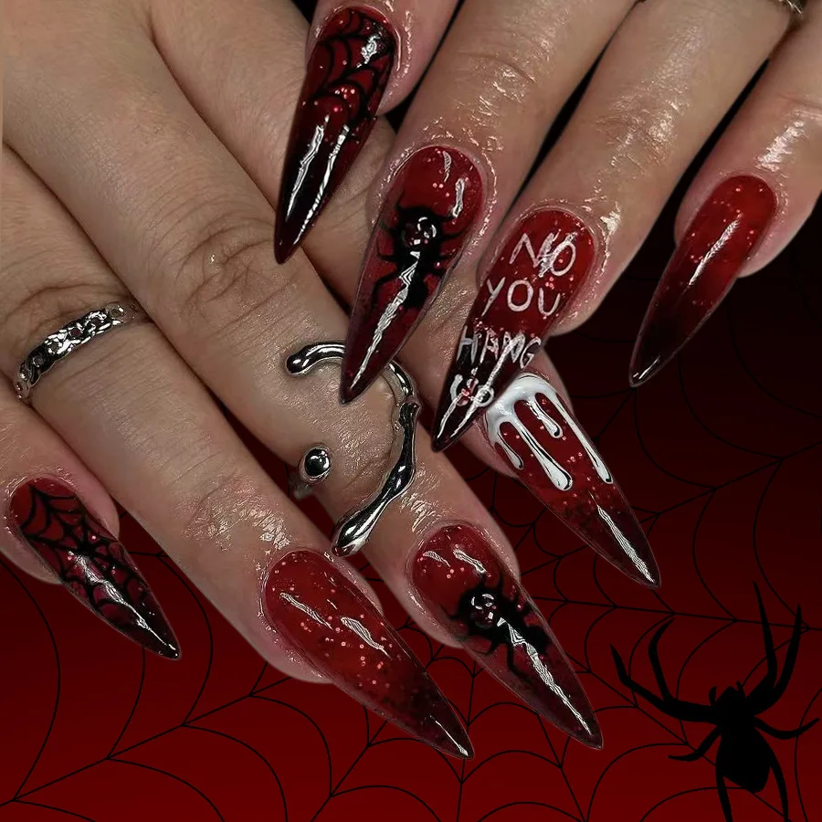 

24pcs Cool Holloween Fake Nails Long Almond Press on Nails Red Black Cool Girl Holloween Decorated Nail Tips Long Fake Nails