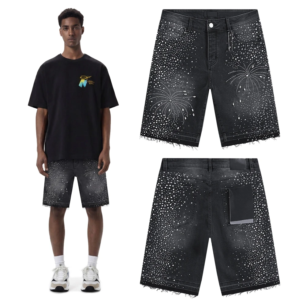 

Vintage Streetwear Clothing Rhinestones Short Jeans Hip Hop Street Style Cotton Casual Distressed Washed Baggy Short Pants Men's