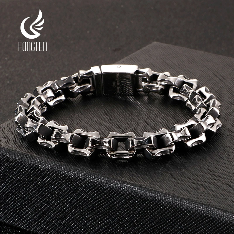 

Fongten 21cm Square Bracelet for Men Stainless Steel Box Chain Bangle Bracelets Male Hip Hop Silver Color Jewelry