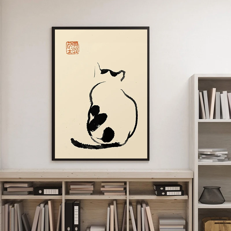 الحد الأدنى اليابانية القط المشارك القط الأسود بواسطة ماتسوموتو هوجي ، سومي-E الخشب اللوحة قماش طباعة جدار ديكور فني كوادروس #4