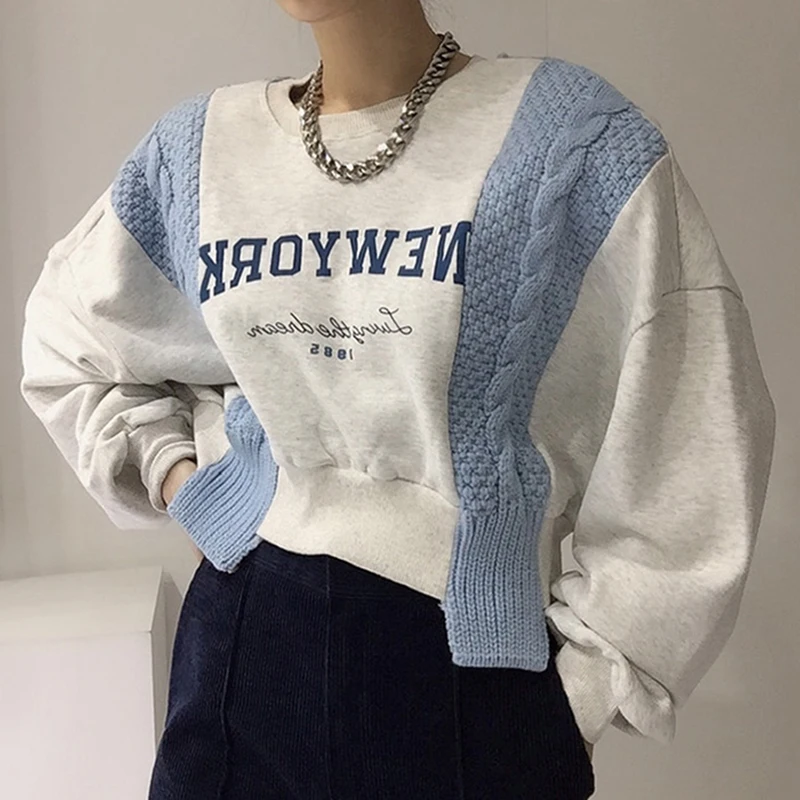 Chique vintage letterprint gebreid patchwork los casual lantaarn Sve sweatshirt dames Faion herfst katoen rond Ne