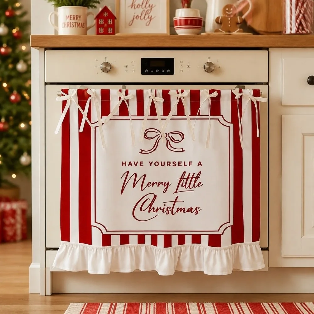 Durable Xmas Oven Decor Curtain Printed Pattern Ribbon Ties Appliance Cover Bow Plaid Kitchen Decor Protective Curtain Festival