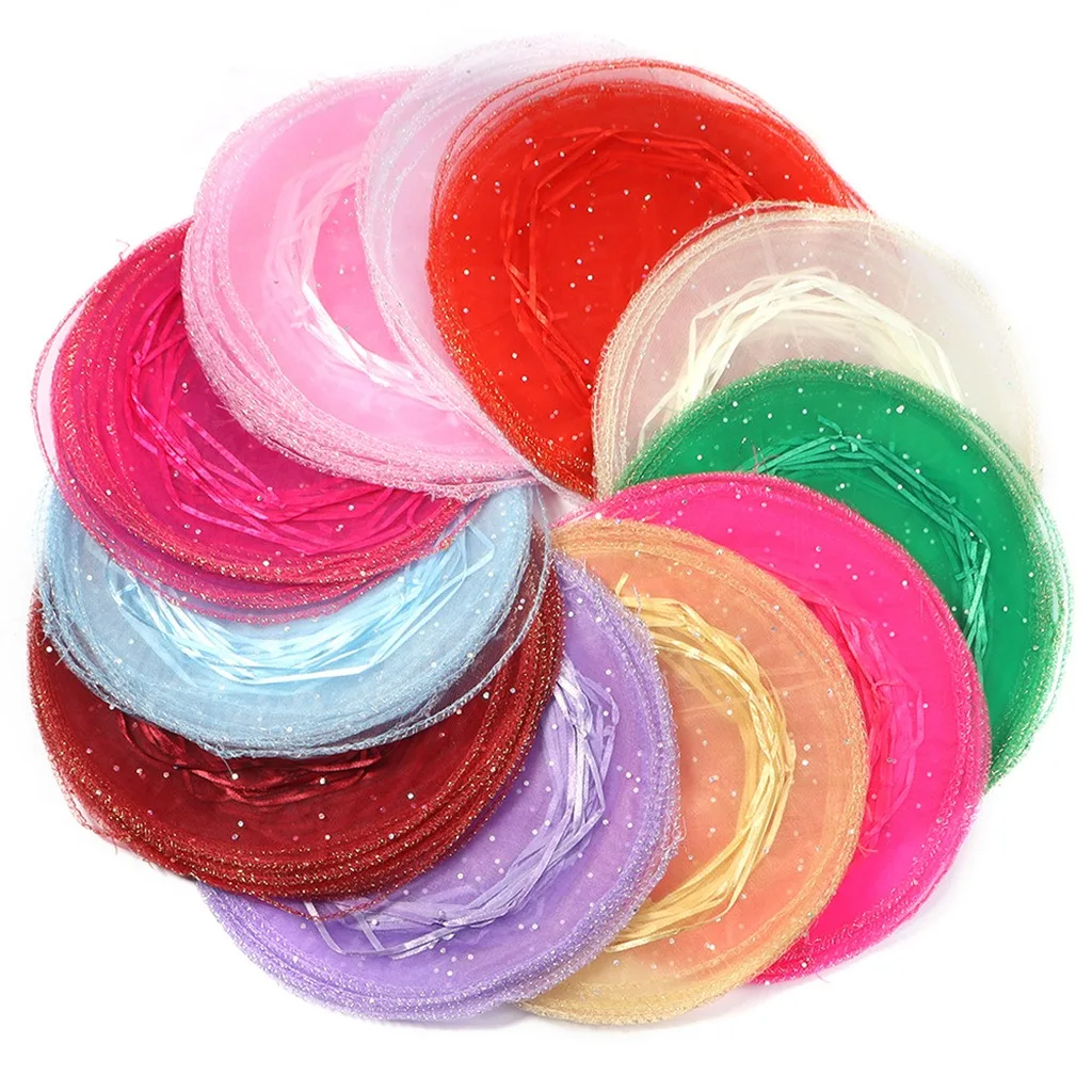 Round Storage Pouches Multiple Color Sequined Tulle Bags Sachet Pouches Gold Edged Small Item Storage Bags For Small Beads Diy