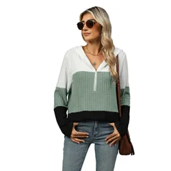 Hooded Loose Long Sleeve Zipper pullover Women's Color block T-shirt Trendy Casual Autumn Top