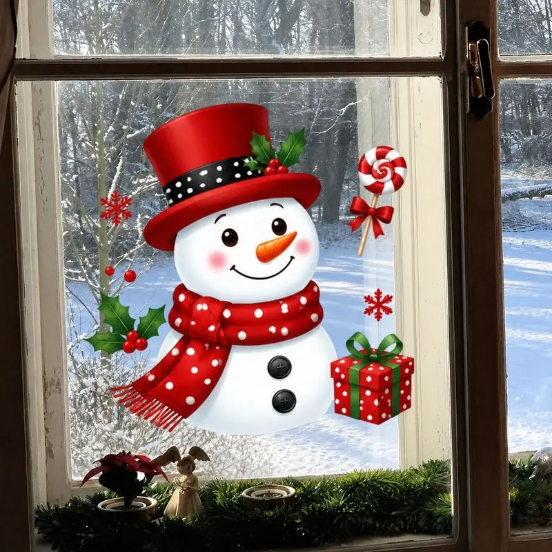 Static Window Cling Stickers Christmas Snowman Red Top Hat Polka Dot Scarf Gift Box Waterproof Windows Glass Decals Home Decor