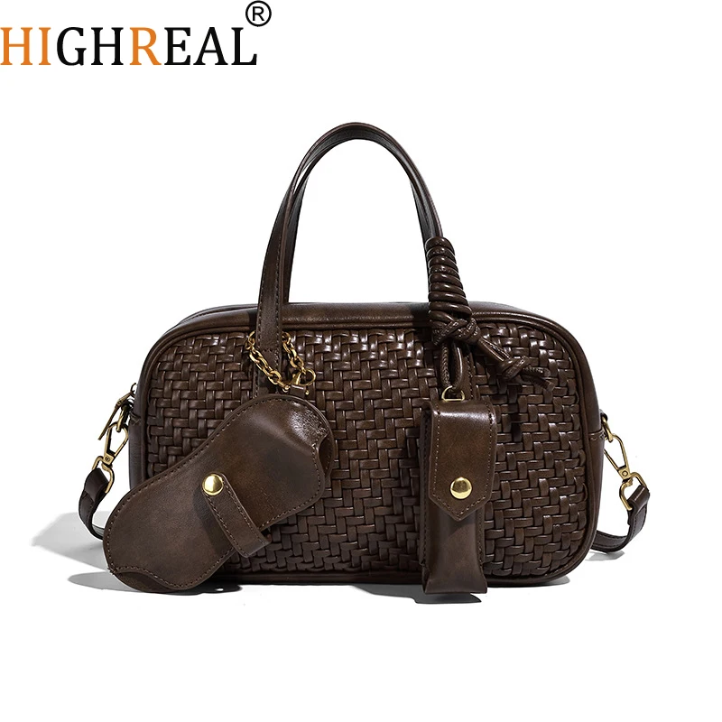 

Vintage Hand Woven Box Boston Bags For Women Luxury Designer Handbag And Purses New In PU Cross Weaving Top Handle Shoulder