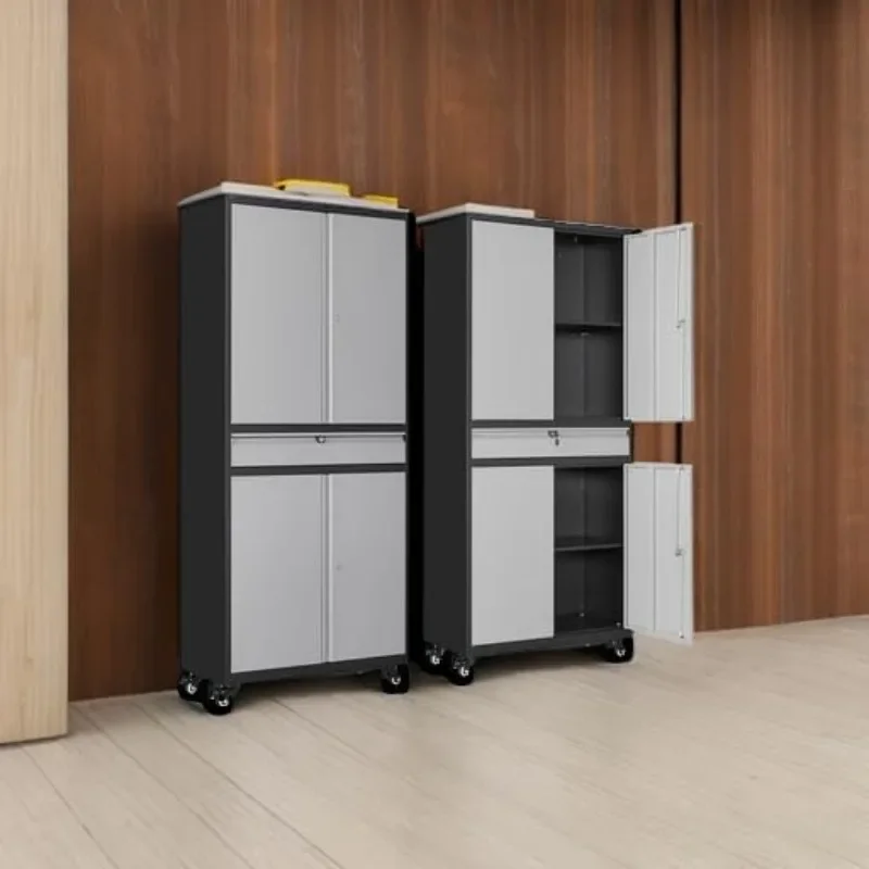 خزانة تخزين جراج معدنية جديدة مع أبواب قفل وأرفف قابلة للتعديل مع 4 عجلات ودرج واحد، وخزانة جراج متدحرجة #3