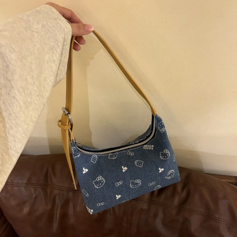 

Новые джинсовые женские сумки на плечо Hello Kitty, женская милая сумка через плечо с героями мультфильмов Sanrio Kawaii, холщовая сумка, сумка подмышками