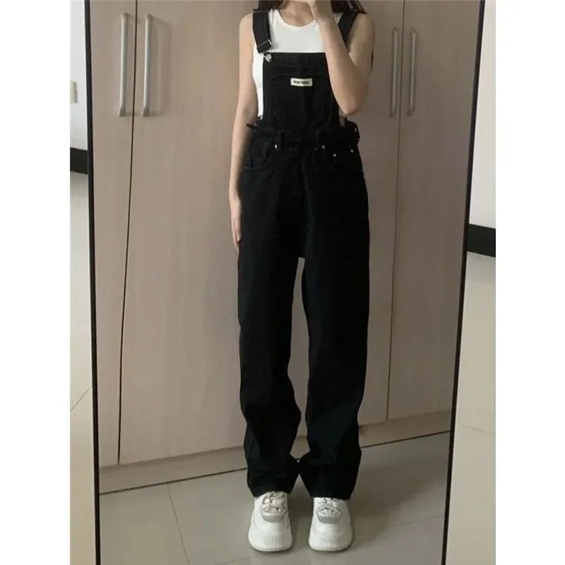 

Retro Black Holiday Versatile Denim Overalls Trousers Women's Spring Summer Clothing Trendy High Waist Loose Straight Suspenders