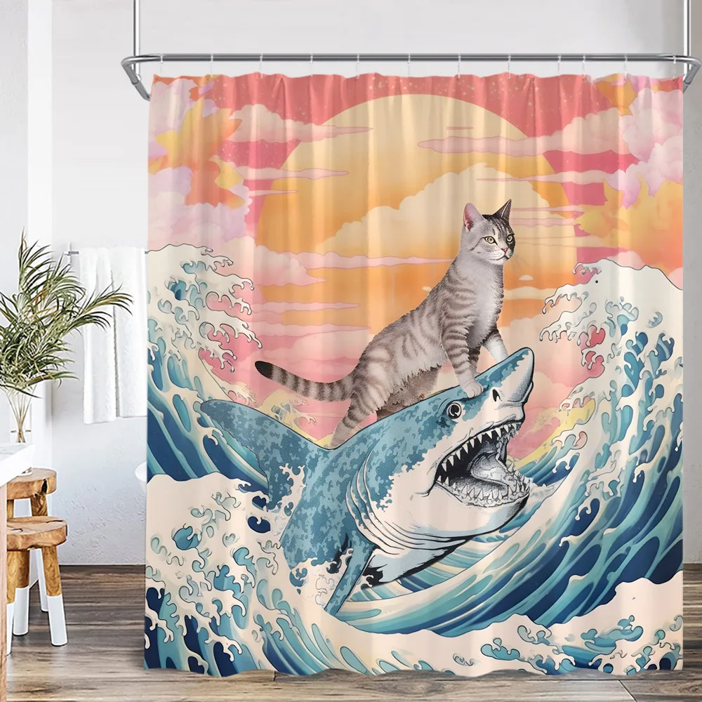 Funny Cat Shower Curtain Cat Riding Shark Dinosaur Flower Floral Polyester Bathtub Curtain Space Planet Bathroom Decor with Hook