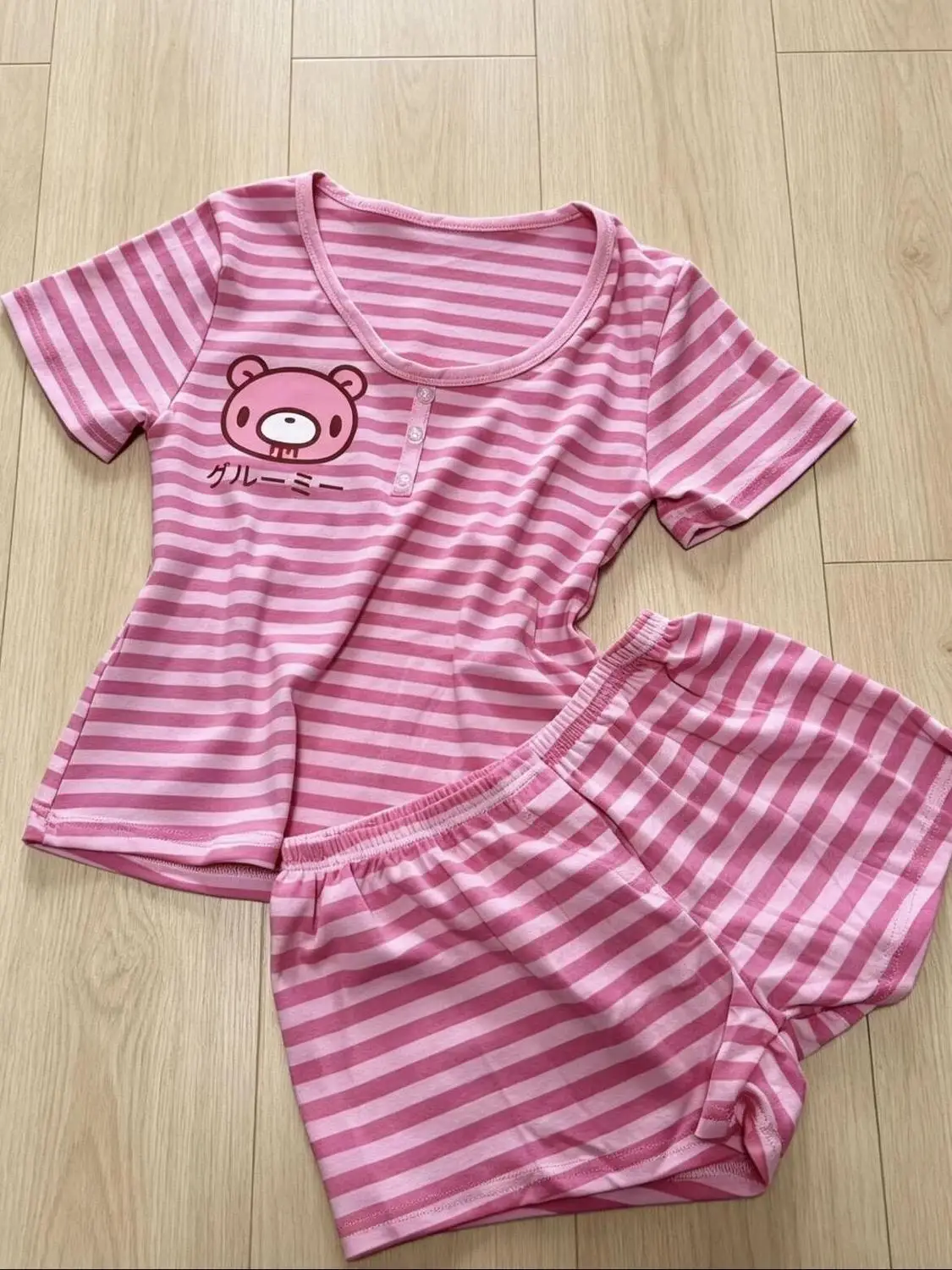 Japanese Sweet Shorts 2 Piece Set Women's Short Sleeve Cartoon Bear Shirt + Elastic Waist Fitted Shorts Y2K Lounge Striped Set