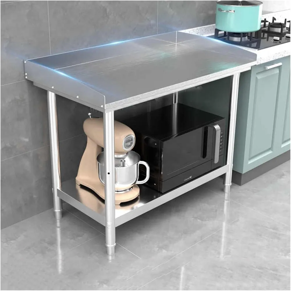 Stainless Steel Work Table with Guardrail 2 Tier Kitchen Industrial Storage Rack Prep Table Adjustable Tiers Easy to Clean