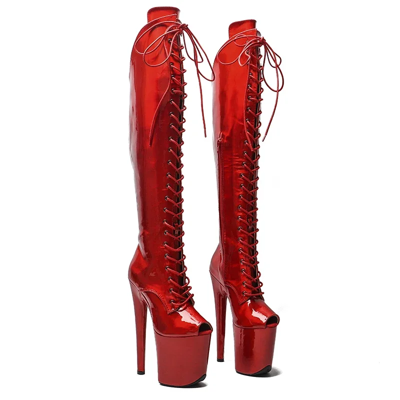 Leecabe  20CM/8inches Shiny PU Pole dancing shoes High Heel platform Boots Small Open  toe Pole Dance boots