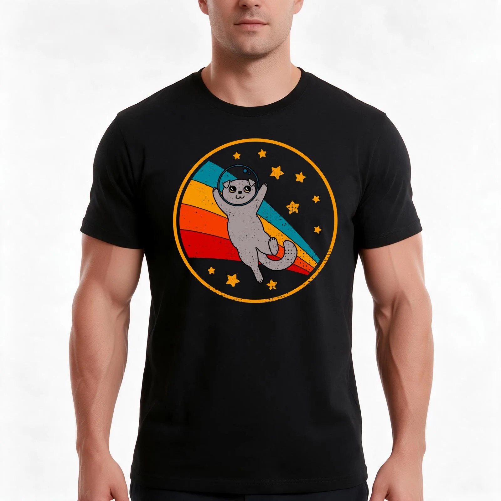 Cute Vintage Scottish Fold Cat Retro Space Cat T-Shirt, Summer Casual Cotton Tee, Oversized Streetwear Tops, Unisex Men Women