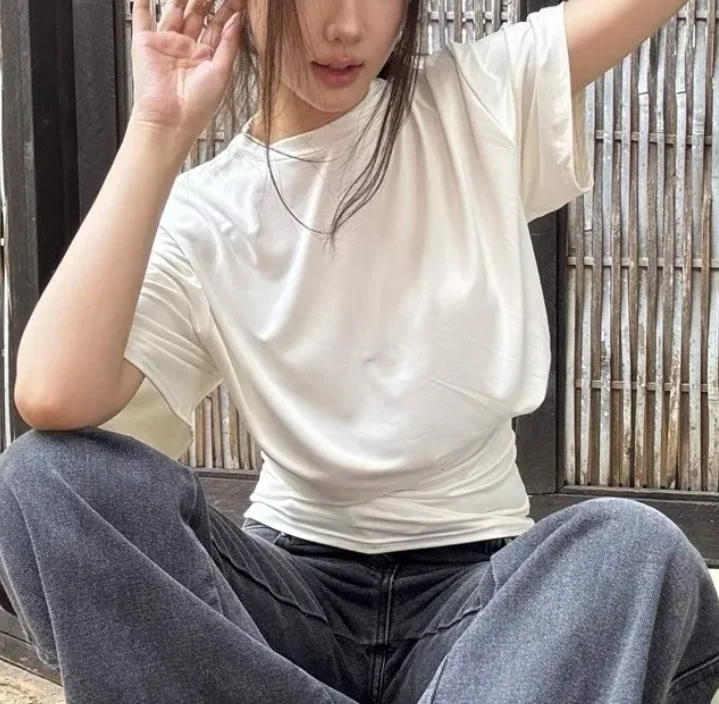 Round Neck Spicy Girl Waist Cinched Short Sleeved T-shirt For Women Slim Fit And Slimming Summer Niche Asymmetric Pleated Top