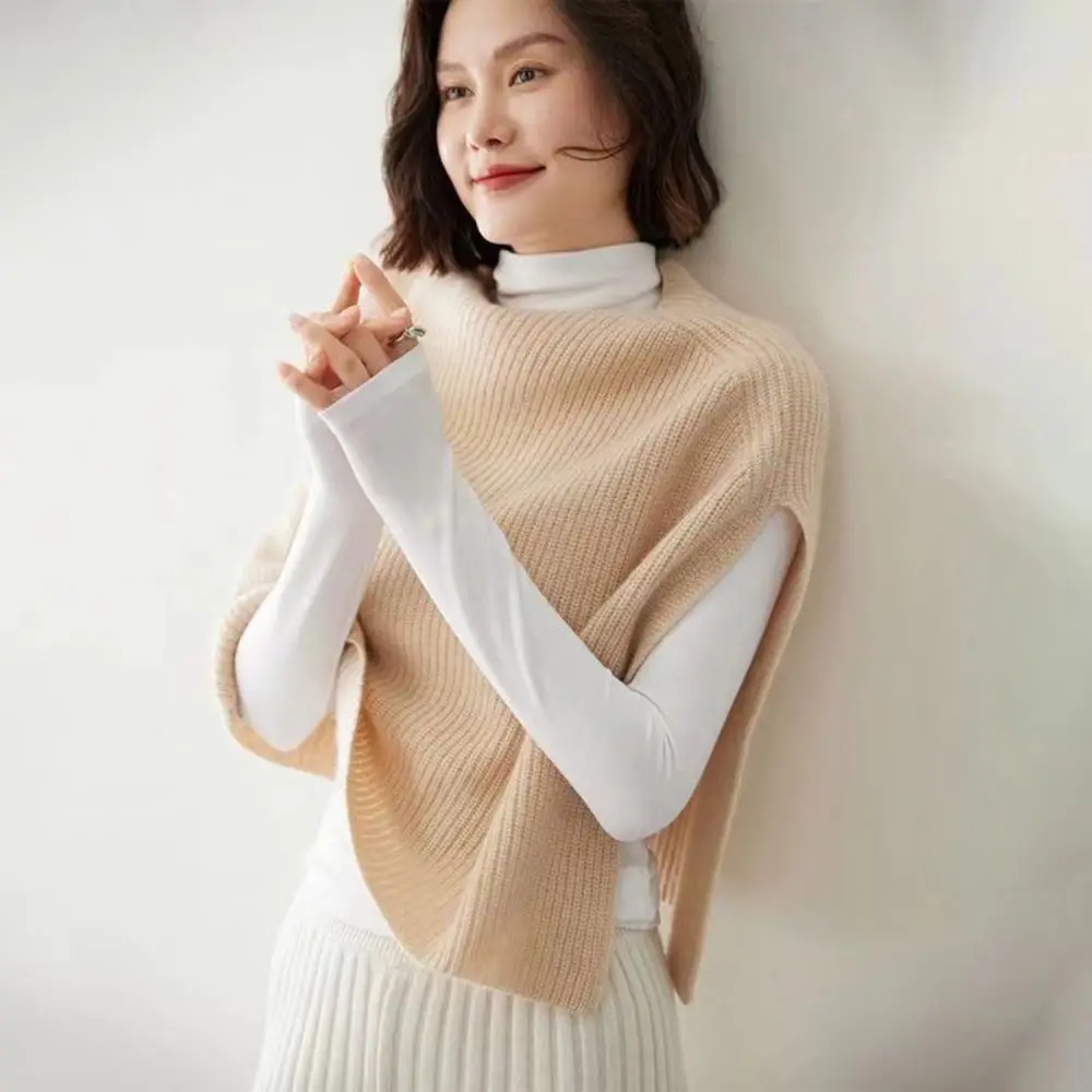 Solid Color Knitted Shawl Scarf Slit Front False Collar Coat Split Front Wrap Bib Style Pullover Integrated Shawl Scarf