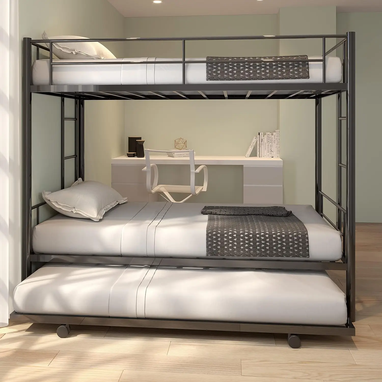 Twin Over Twin Metalen Stapelbed Met Roll Zware Stapelbedden Frame Met 2 Zijladders Converteerbare Stapelbed Met Veiligheidsbescherming