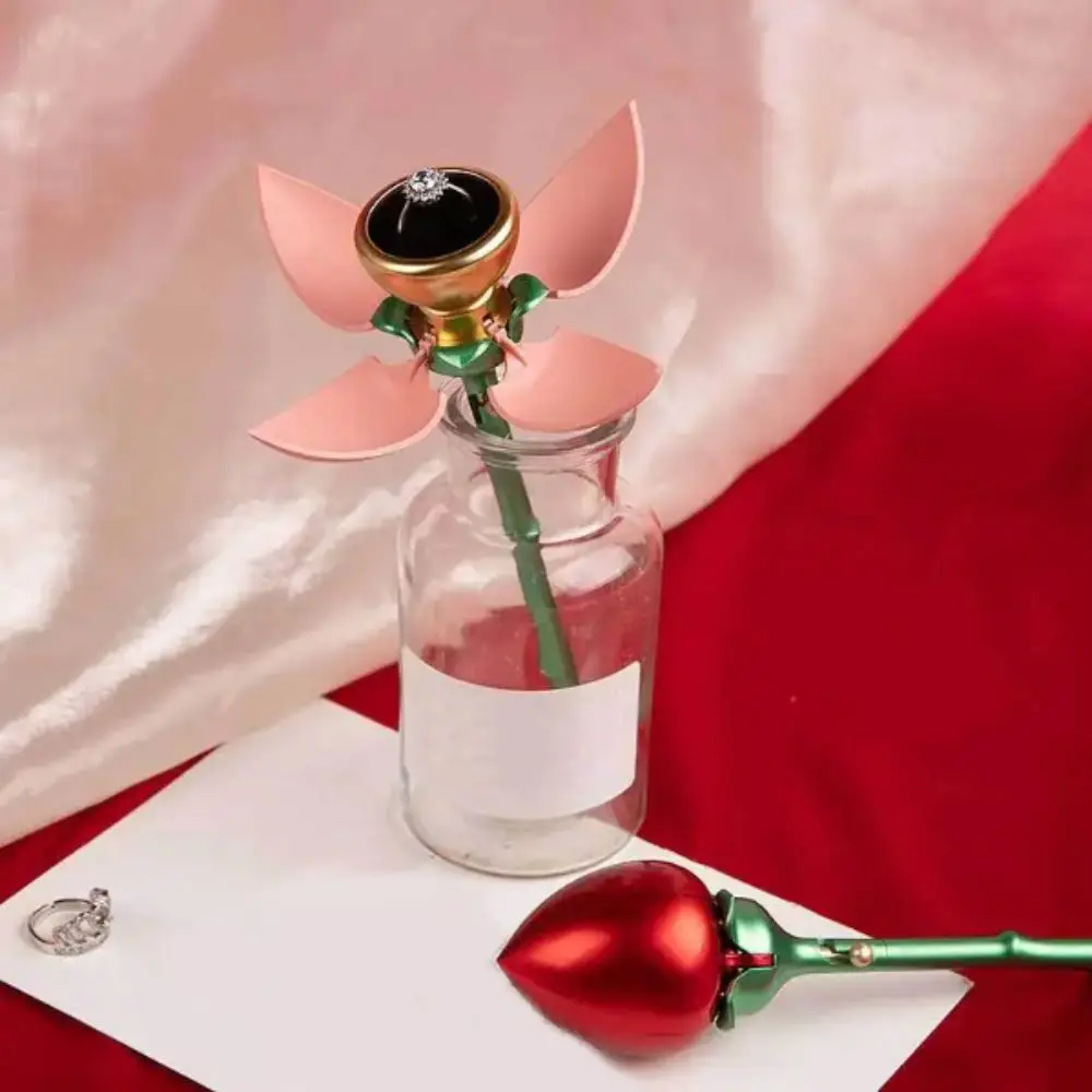 Rose Shape Dustproof Rose Ring Box Elegant Waterproof Auto Blooming Ring Box Red Pink Multi-functional Display Holder Proposal