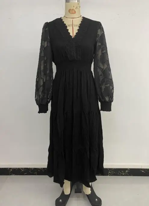 

Women Dresses Temperament Commuting 2025 Autumn New Sweet & Elegant Women's Lace V-Neck Lace Long Sleeve Solid A-Line Dress