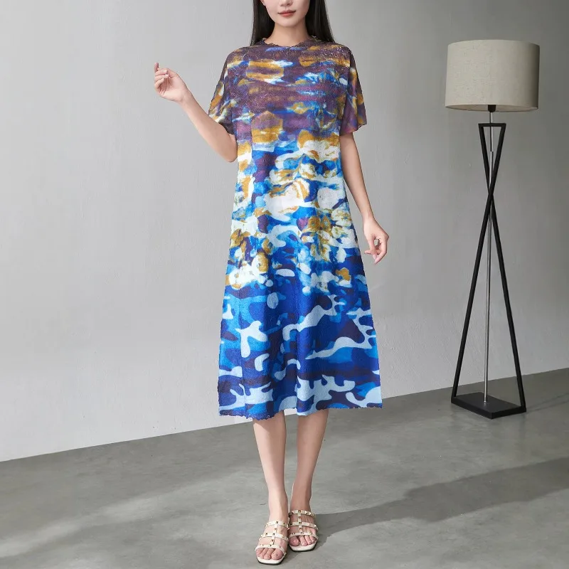 Miyake Pleated Short Sleeve New Summer Dress 2026 Printed Color Block Pleated Printed Women's Fashion Casual Dress Trendy Pleat