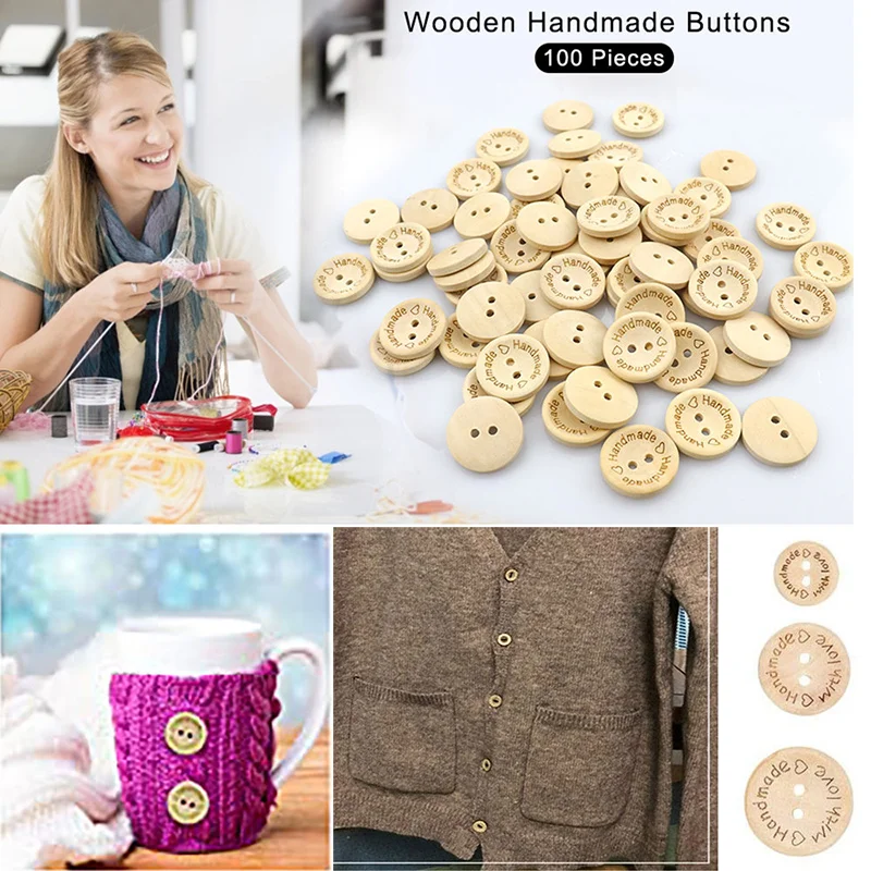 50/100Pcs Wooden Handmade Buttons 15/20/25mm Wooden Sewing Round Buttons Bulk DIY Crafts Love Buttons For Clothing Accessories