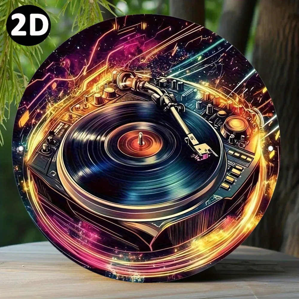 Vintage Metal Music Wall Decor 20cm Retro Circular Aluminum Sign with Holographic Vinyl Record Design for Bedroom Living Room Ba