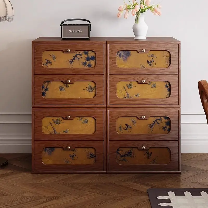 

Solid wood medieval, chest module combination cabinet, living room retro Carmen, new Chinese TV bedside table